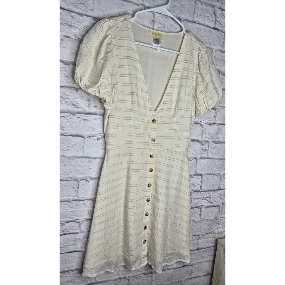LSPACE Sabrina Puff Sleeve Mini Dress Ivory Cream Button Front Striped Size S - Picture 4 of 8